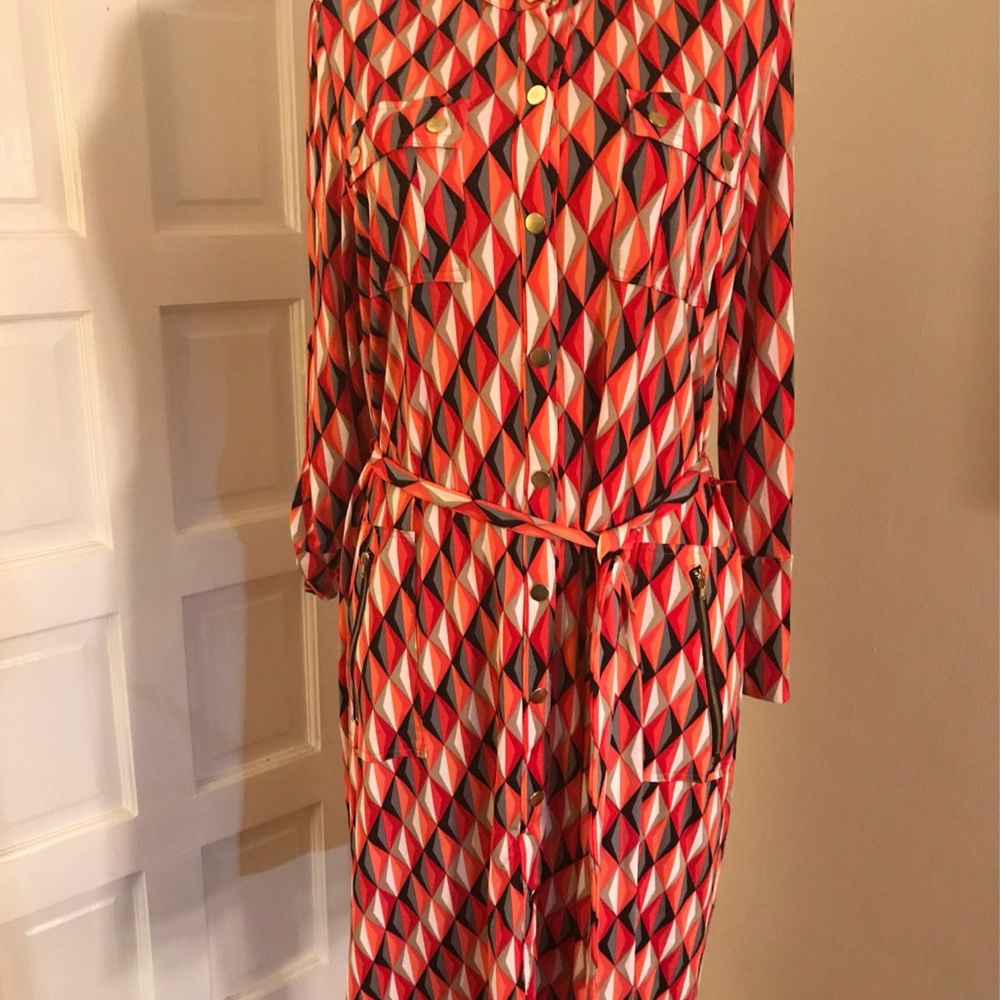 Geometric Patterned Dress with Gold Buttons shirt dress